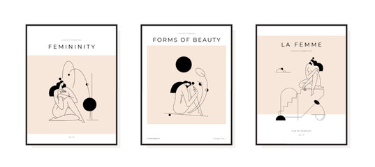 Contemporary abstract poster collection. Nude female body, woman silhouette, minimalist feminine boho design. Mid century, Beauty, Femininity concept prints set for wall art decor. Vector illustration