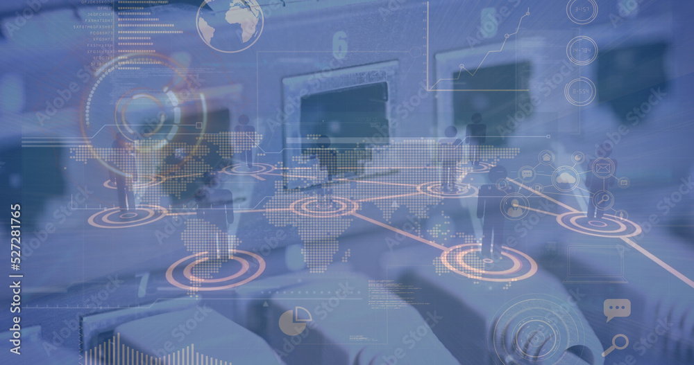 Poster image of data processing over network of connections with icons and scope scanning