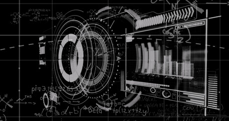Image of data processing and scope scanning with mathematical equations on black background
