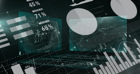 Image of data processing with mathematical equations on black background
