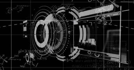 Image of data processing and scope scanning with mathematical equations on black background