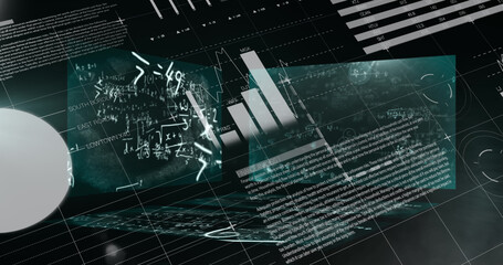 Image of data processing with mathematical equations on black background