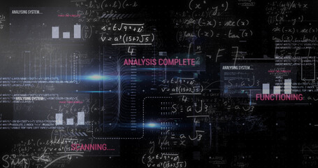 Image of data processing with mathematical equations on black background