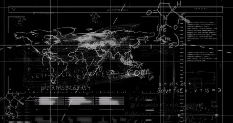 Image of data processing with mathematical equations on black background