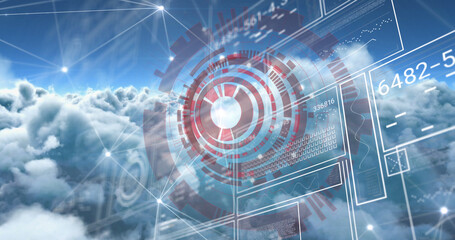 Image of communication network and scanner processing data over blue cloudy sky