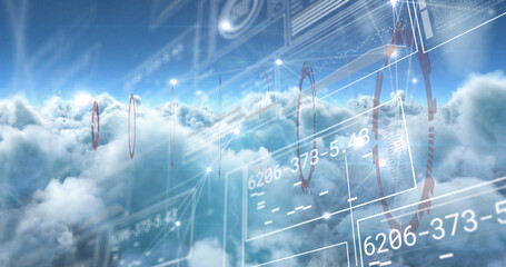 Image of communication network and scanner processing data over blue cloudy sky