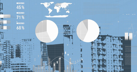 Image of financial data processing over cityscape
