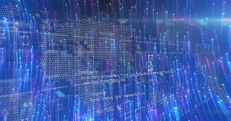 Image of light trails over world map with data processing on black background