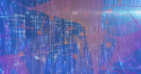 Image of light trails over network of connections with data processing on black background