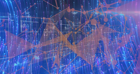 Image of light trails over network of connections with data processing on black background