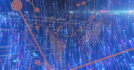 Image of light trails over network of connections with data processing on black background