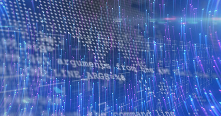 Image of light trails over world map with data processing on black background