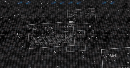 Image of data processing over moving columns on black background