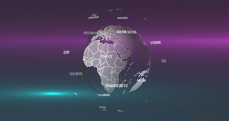 Image of globe with data processing over light trails on black background