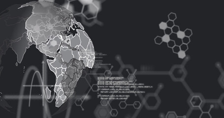 Image of globe with data processing over molecules on black background