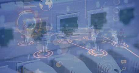 Image of data processing over network of connections with icons and scope scanning