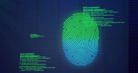 Image of data processing over fingerprint icon on blue background