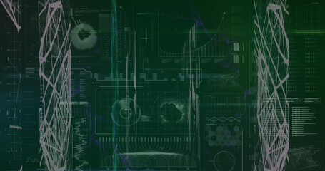 Image of screens of network of connections against data processing on green background