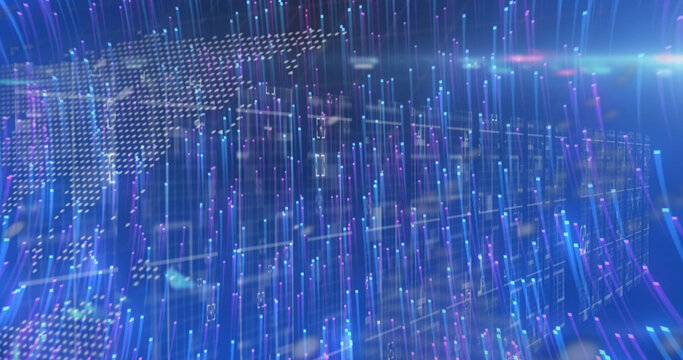 Image of light trails over world map with data processing on black background - Powered by Adobe