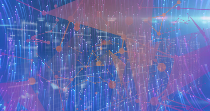 Image of light trails over network of connections with data processing on black background