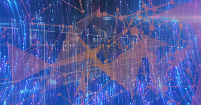 Image of light trails over network of connections with data processing on black background