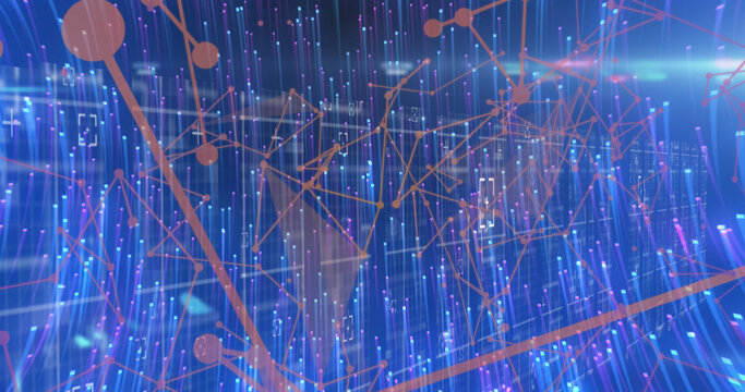 Image of light trails over network of connections with data processing on black background