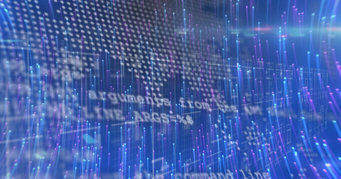 Image of light trails over world map with data processing on black background - Powered by Adobe