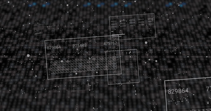 Image of data processing over moving columns on black background - Powered by Adobe
