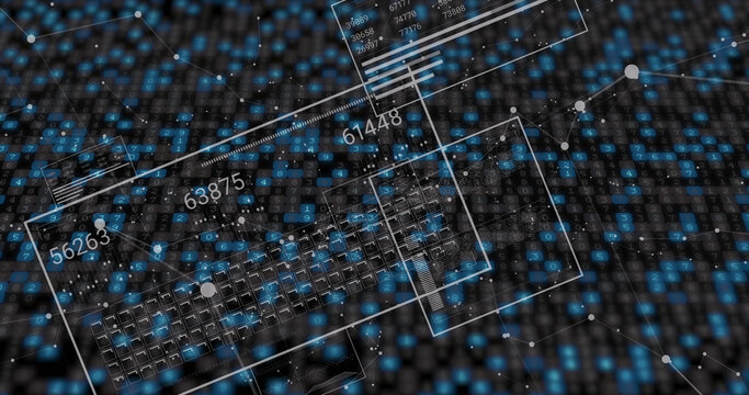 Image of data processing over moving columns on black background