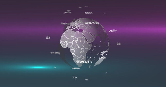 Image of globe with data processing over light trails on black background - Powered by Adobe