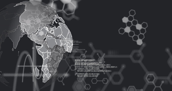 Image of globe with data processing over molecules on black background