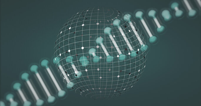 Image of globe over dna strand on black background - Powered by Adobe