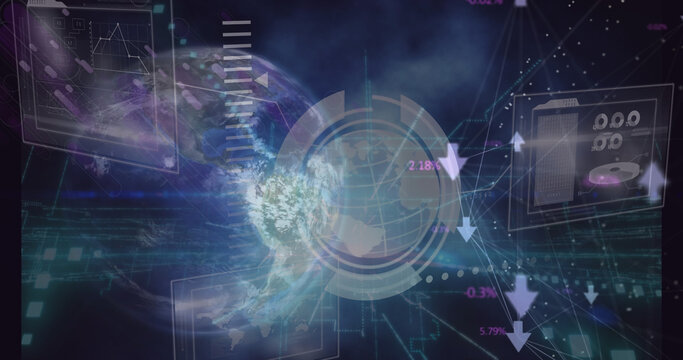 Image of data processing over globe and network of connections on black background