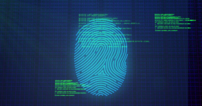 Image of data processing over fingerprint icon on blue background
