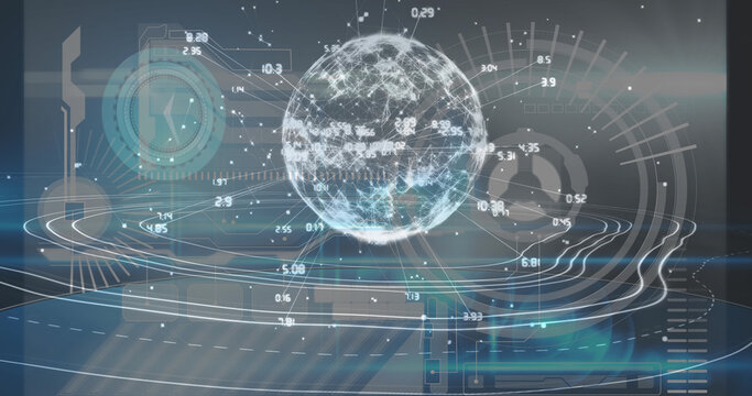 Image of data processing over globe and moving clock on black background