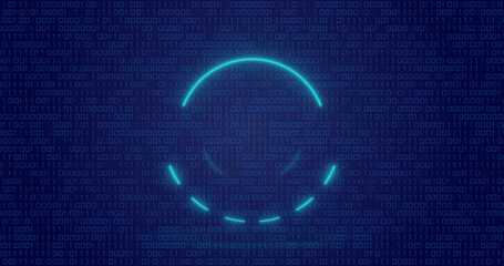 Image of neon circle over digital screen with binary code