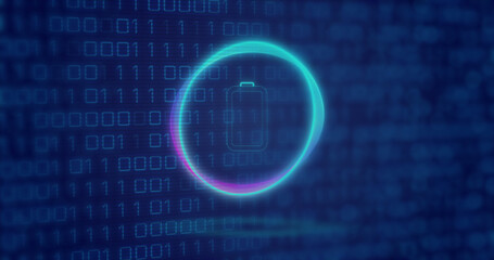 Image of neon circle with battery over digital screen with binary code