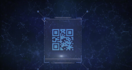 Image of qr code over network of connections on black background