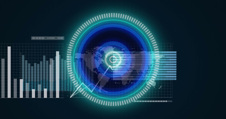 Image of neon round scanner over statistical data processing against blue background