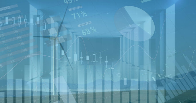 Image of statistics and data processing over wind turbine on wearing empty office