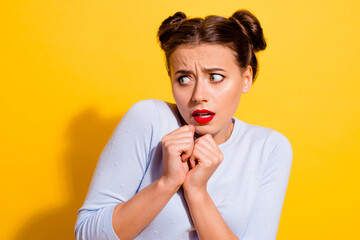 Photo of young negative mood stressed girl feel uncomfortable scared near terrifying person...