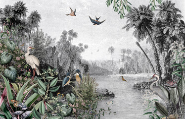 Tapete im Vintage-Oasenstil mit Vögeln, Reihern, Palmen und Blumen mit Himmelshintergrund für eine antike Landschaft