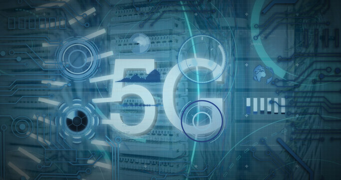 Image of 5g text banner, round scanners and data processing against computer server room