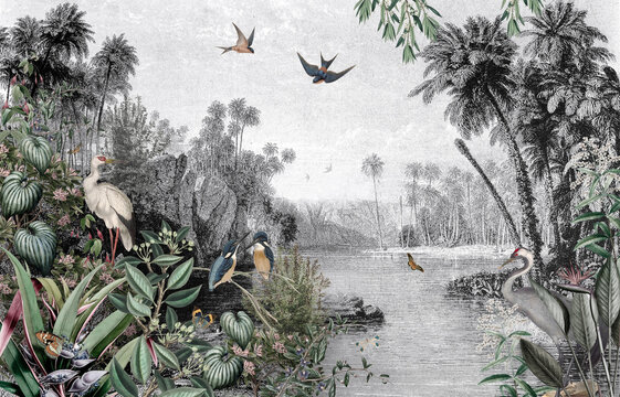 wallpaper vintage oasis style with birds, egrets, palms and flowers with sky background for an ancient landscape 