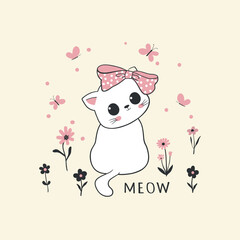 Сute little kitten with a bow. Vector illustration for kids. Use for fashion wear,  t-shirt  print, surface design, cards