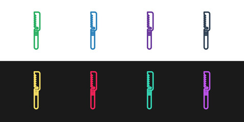 Set line Medical saw icon isolated on black and white background. Surgical saw designed for bone cutting limb amputations and before bone grafting. Vector Illustration