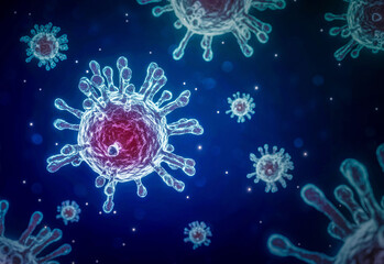 Coronavirus COVID-19  under the microscope. 3d illustration. coronavirus outbreak, virus floating...