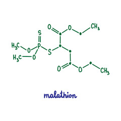 Malathion hand drawn vector formula chemical structure lettering blue green