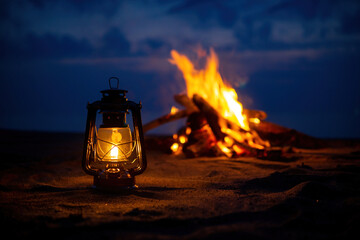 焚火とオイルランタン