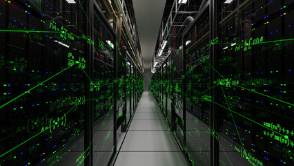 Aisle in a data center showing racks of computers performing calculations.  Green graphic overlays...